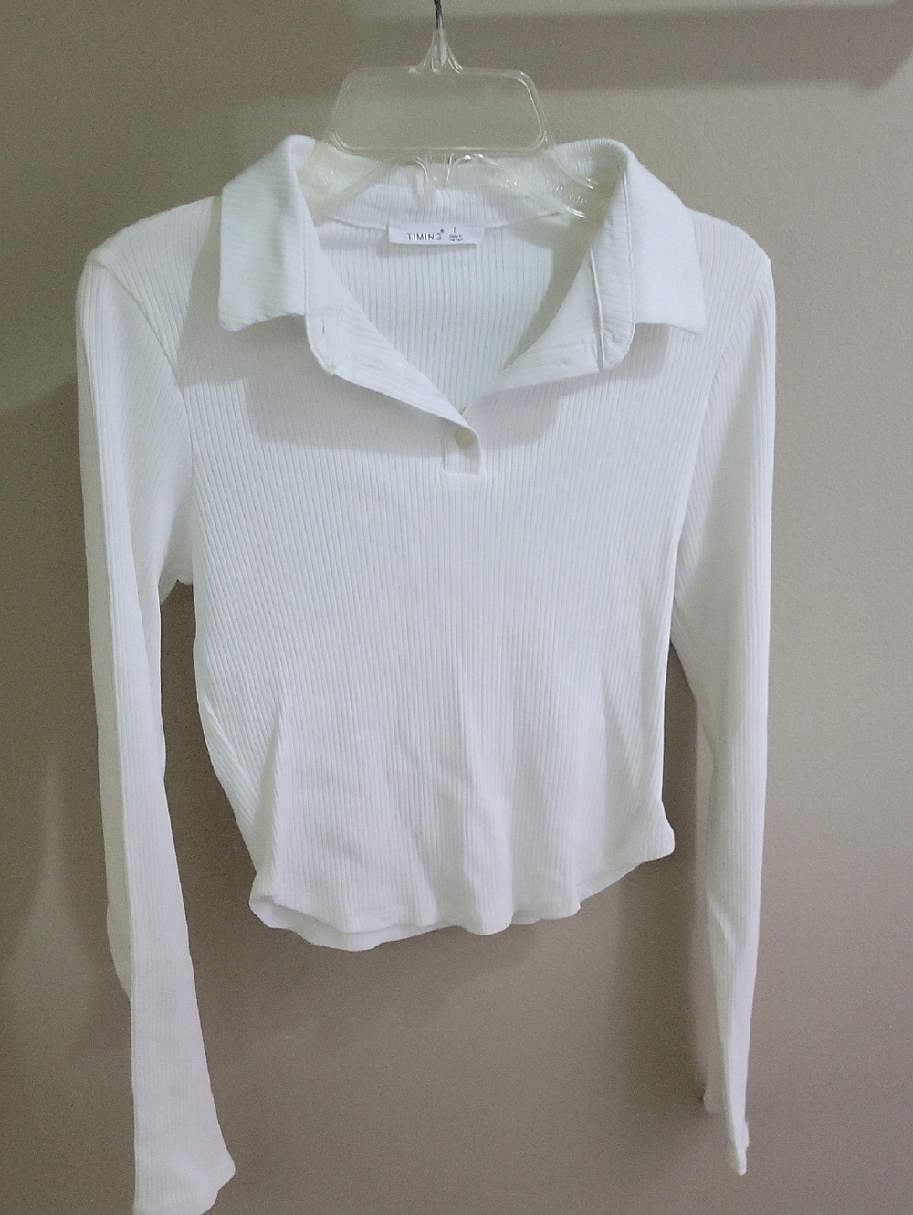 Ribbed Long-Sleeve Polo Top in White